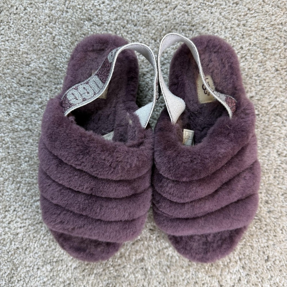 UGG Slippers Womens Size 8 Purple Shearling Fluff Slingback Slide Logo Strap